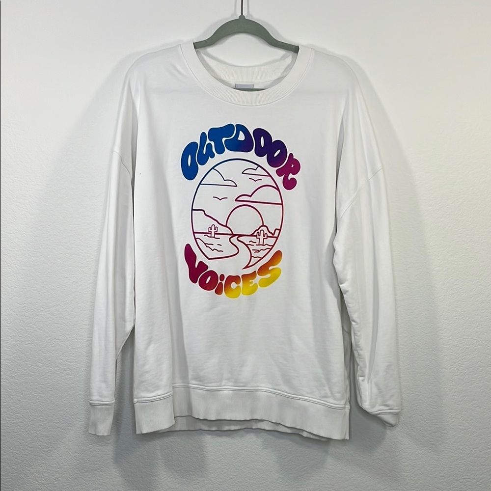 Outdoor Voices Crewneck Sweatshirt White Hippie Groovy Sunset Print Size XL‎